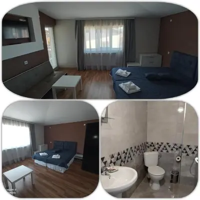 two pictures of a living room and a bathroom at Дамяновата къща in Sapareva Banya