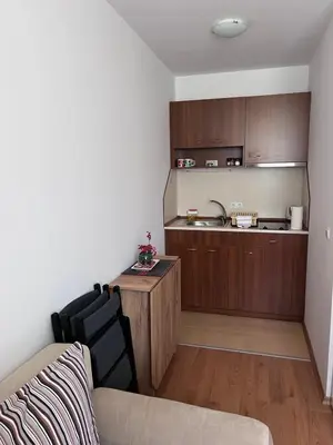 a living room with a couch and a kitchen at Kalina Apartment's in Bansko in Bansko