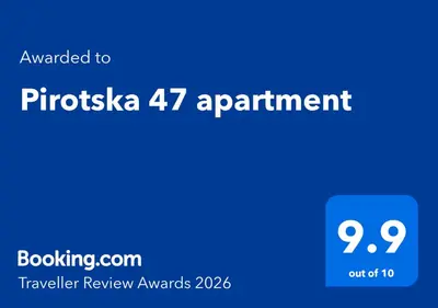 a blue screen with the text awarded to phositka apartment at Pirotska 47 apartment in Sofia