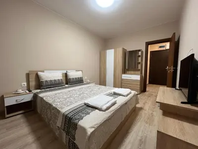 a bedroom with a large bed and a television at Georgievi Apartments Sandanski in Sandanski