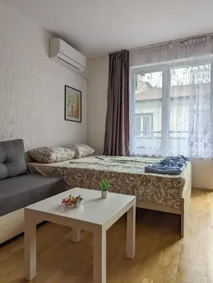 a room with a bed and a couch and a window at Top Center Relax, NDK & Vitoshka & Metro station in Sofia
