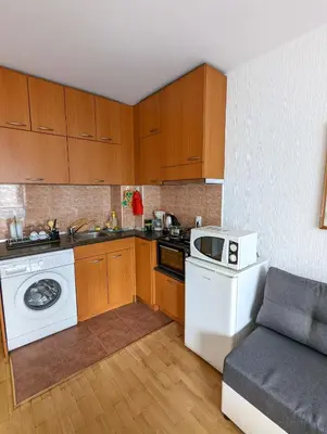 a kitchen with wooden cabinets and a white dishwasher at Top Center Relax, NDK & Vitoshka & Metro station in Sofia
