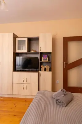a bedroom with a bed with a tv and a tvicterictericterictericter at Guesthouse Gaby in Sapareva Banya