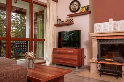 a living room with a television and a fireplace at Stand'Art - апартамент , Смолянски езера in Smolyan