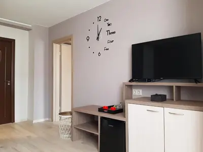 a living room with a tv and a clock on the wall at ВИЛА Belle Vie in Beli Iskar