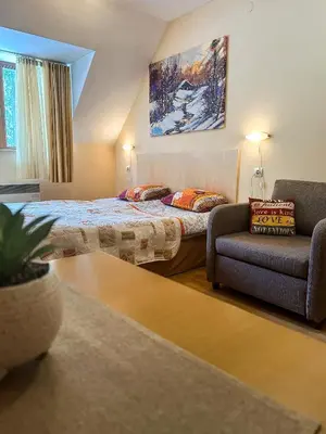 a hotel room with a bed and a couch at Castle Romance - Pamporovo in Pamporovo