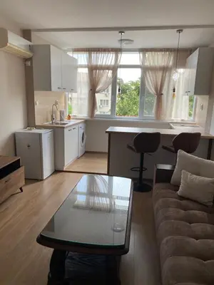 a kitchen and living room with a couch and a table at Rose in Karlovo