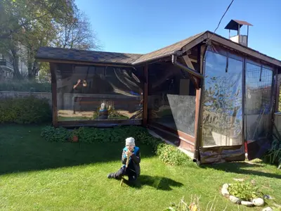 a small child sitting in the grass in front of a greenhouse at Bansko All Seasons - Cozy Apartments Near Gondola & Mountain Views in Bansko