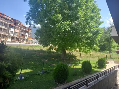 a tree in a yard next to a fence at Bansko All Seasons - Cozy Apartments Near Gondola & Mountain Views in Bansko