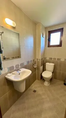 a bathroom with a sink and a toilet and a mirror at Kaloyanova House Bansko in Bansko