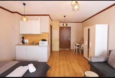 a room with a kitchen and a living room with a couch at Luxury Suite Ivana in Bansko