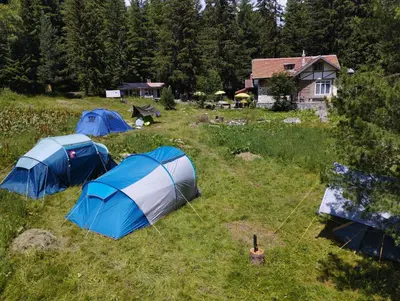 a group of tents in a field with trees at Хижа Ловна в Рила in Panichishte