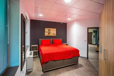 a bedroom with a bed with red pillows on it at Apartment House - Delta in Sofia