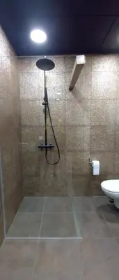 a bathroom with a shower with a sink and a toilet at Apartment House - Delta in Sofia
