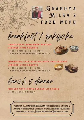 a flyer for a food menu for a restaurant at Villa Bella - A Rila Monastery Adventure in Kocherinovo