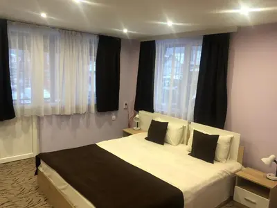 a bedroom with a large bed with two pillows at Къща ИВОНА in Sapareva Banya