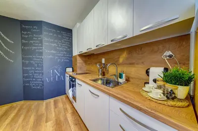 a kitchen with a sink and a counter top at ИНвела in Smolyan