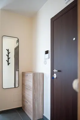 a bathroom with a mirror and a wooden door at Modern and Spacious apartments in the City Centre in Sofia
