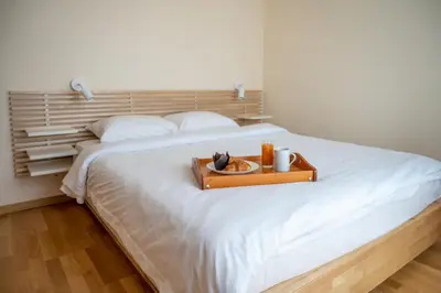 a bed with a tray with a cat on it at Modern and Spacious apartments in the City Centre in Sofia