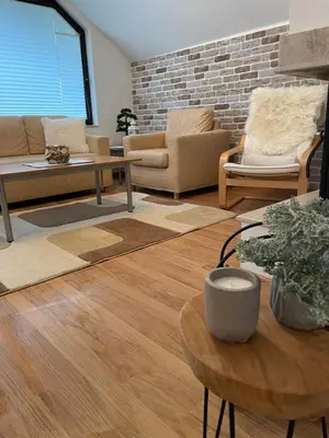 a living room with furniture and a brick wall at Private Apartment Laplandia 77 (Pamporovo, Bulgaria) in Pamporovo