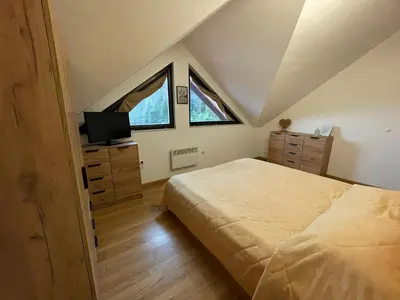 a bedroom with a bed and a tv and two windows at Private Apartment Laplandia 77 (Pamporovo, Bulgaria) in Pamporovo