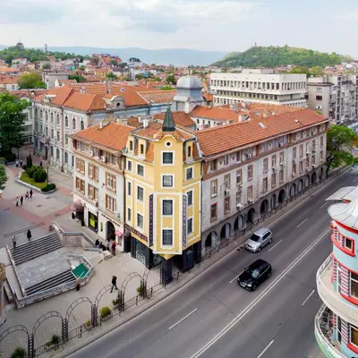 an overhead view of a city street with buildings at Aurora Hills Hotel in Plovdiv