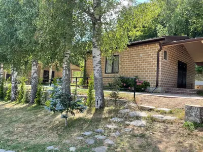a house with a row of trees in the yard at Комплекс Омайник in Kalofer