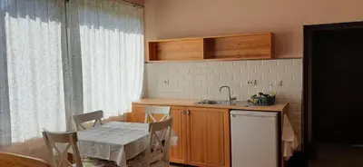 a small kitchen with a table and a sink at Комплекс Омайник in Kalofer