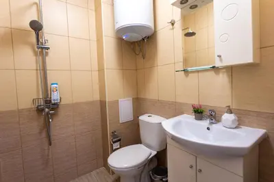 a bathroom with a toilet and a sink and a shower at Karastoyanovi's apartment- Studentski grad in Sofia
