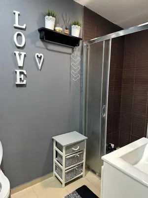 a bathroom with a shower and a toilet and a sink at Apartaments Filipopolis in Plovdiv