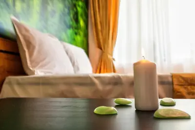 a candle sitting on a table with two green leaves at Aurora Oasis - AC & Lift in Vibrant Downtown Sofia by Flat Mаnager in Sofia