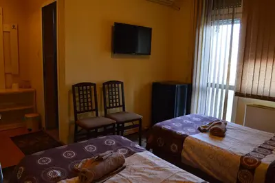 a bedroom with two beds and a tv on the wall at Dionis Hotel in Petrich