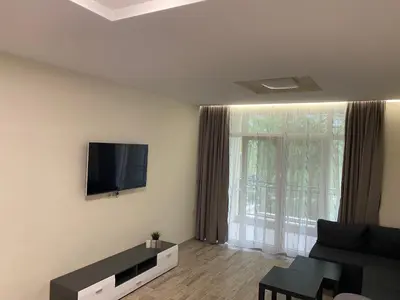 a living room with a couch and a tv on the wall at Green park Sandanski in Sandanski
