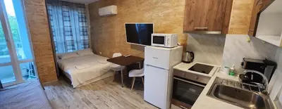 a small room with a small kitchen with a bed at Colonel apartment 941 in Sofia