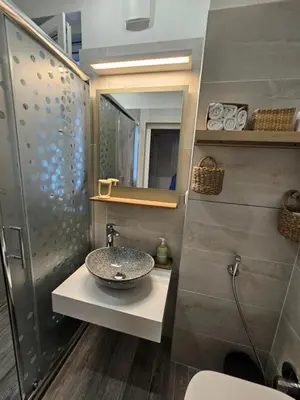 a bathroom with a sink and a mirror at S íRMA Apartment - The Soul of Central Sofia in Sofia