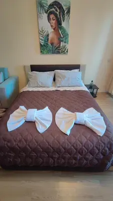 a bed with two bow ties on it at Aspen Valley Studio Apartment Аспен Вали студио апартамент in Razlog