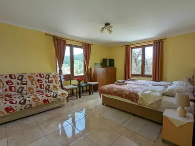 a bedroom with two beds and a couch at Къща за гости Феникс in Koprivshtitsa