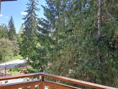 a view from the deck of a house with trees at Family Studio 302, Villa park in Borovets