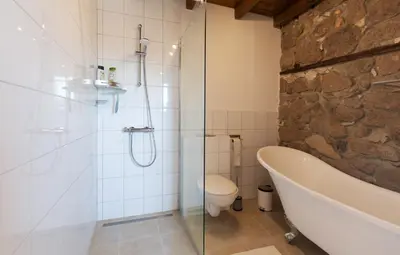 a bathroom with a bath tub and a toilet at Walnut Cottage 1 in Deredzhik-Kʼoy