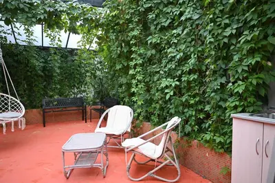 two chairs and a table in front of a green wall at Villa Magicland in Sofia