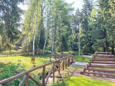 a wooden bridge in a field with trees at Lovely Borovets Apartment in Borovets