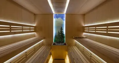 a empty sauna with a fishtank in the middle at Borovets Hills Apartments - Studio 33 in Borovets