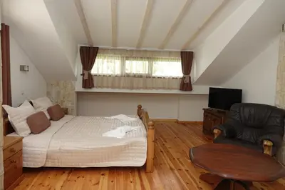 a bedroom with a bed and a chair and a television at Стаи за гости RADEA in Devin
