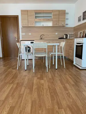 a kitchen with a table and chairs in a kitchen at Sunny Home in Sandanski