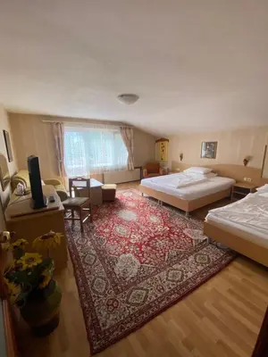a large room with a bed and a rug at Family Hotel Zdravets in Sofia