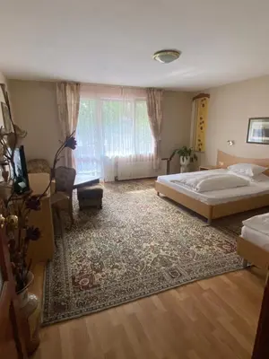 a bedroom with a large bed and a rug at Family Hotel Zdravets in Sofia
