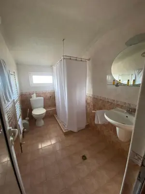 a bathroom with a toilet and a sink and a shower at Family Hotel Zdravets in Sofia