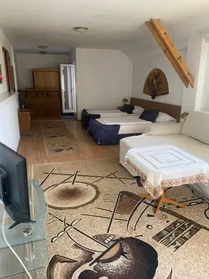 a living room with two beds and a tv at Family Hotel Zdravets in Sofia