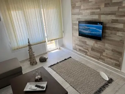 a living room with a tv on a brick wall at Апартамент Панорама Рози in Sandanski
