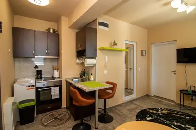a small kitchen with a counter and a sink at Vitosha View Apartment with Parking in Sofia